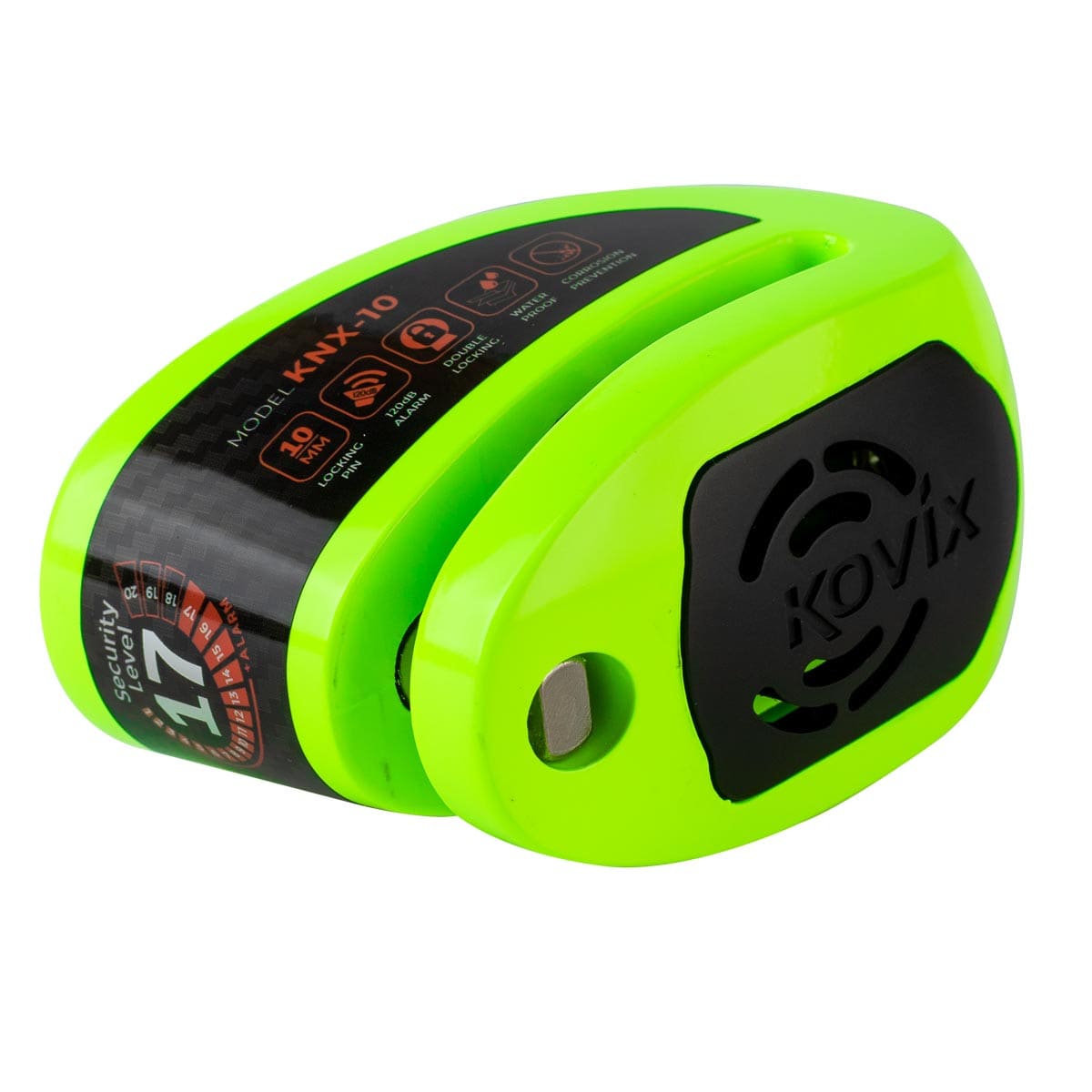 Candado disco para moto kovix knx10 verde fluor con alarma 120db seguro de 10mm con doble lock3