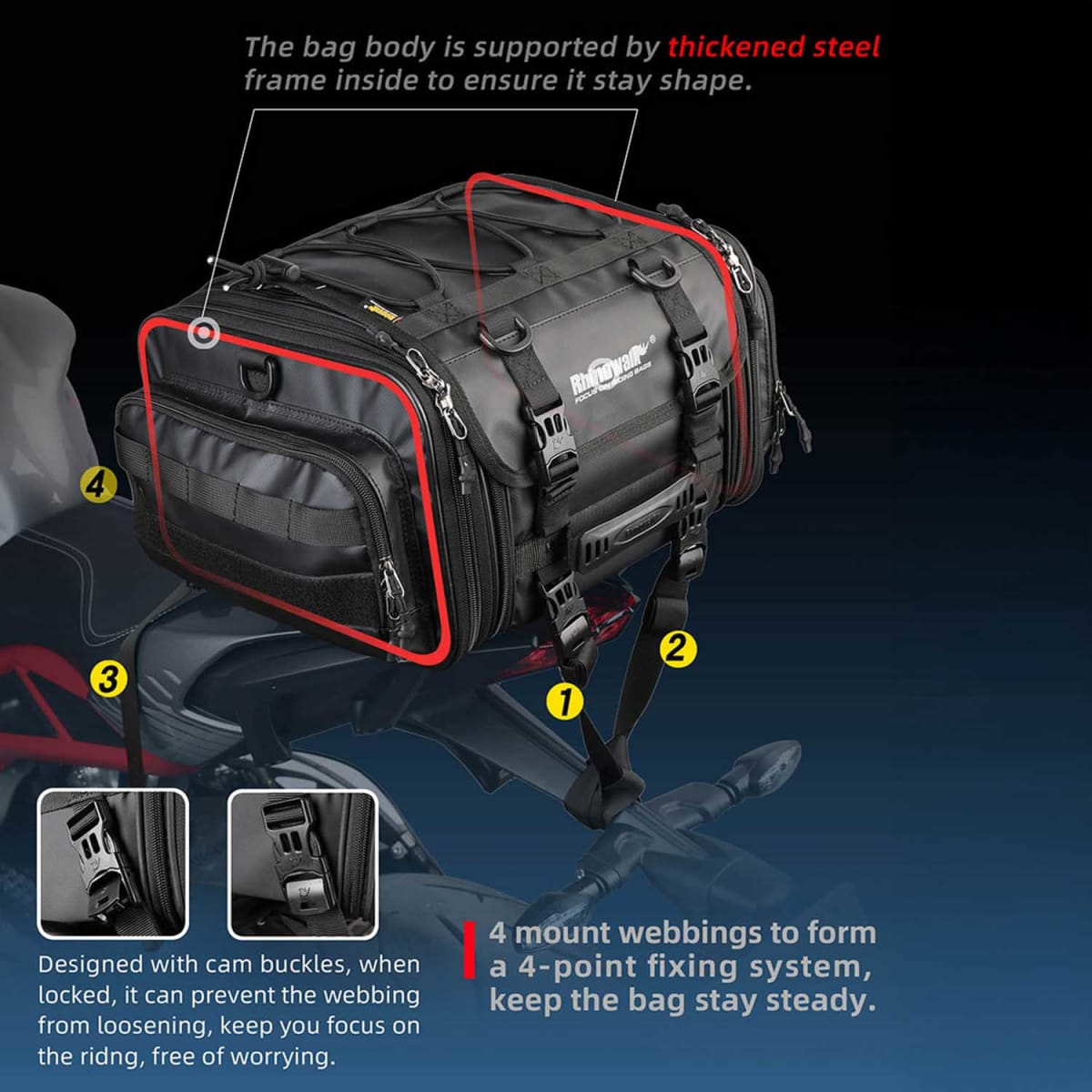 Bolso de cola para moto Rhinowalk MT4026 expandible de 19 a 26