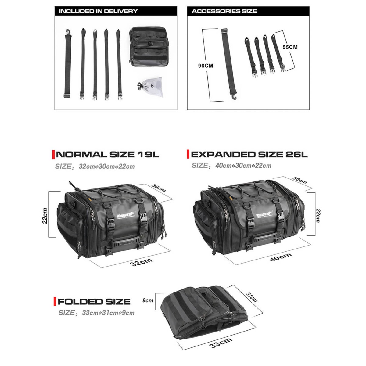 Bolso de cola para moto Rhinowalk MT4026 expandible de 19 a 26 litros impermeable11