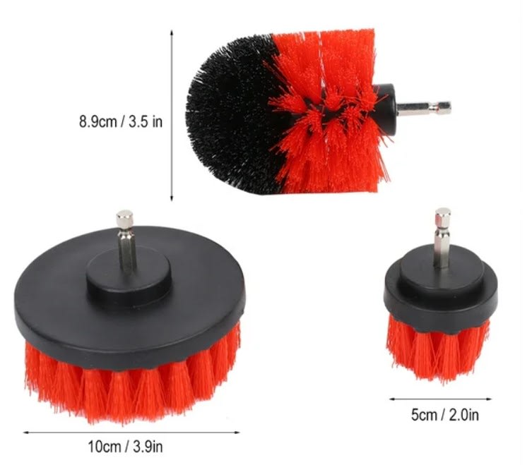 Set de 3 cepillos para taladro electrico para limpieza de superficies hogar y auto moto5