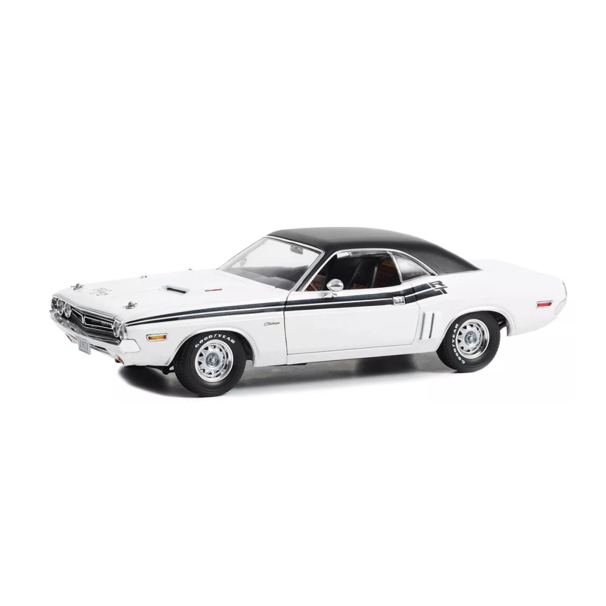 GREENLIGHT 1:18 1971 DODGE CHALLENGER R/T - BTIGHT WHITE WITH BLACK INTERIOR AND RED PLAID SEATS2