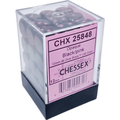 Chessex Die-6 Set Opaque 12mm (Black/Pink)1