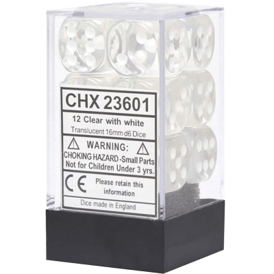 Chessex Die-6 Set Translucent 16mm (Clear/white)