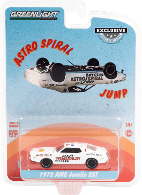 GreenLight Collectibles: 1:64 1972 AMC Javelin SST White Astro Spiral Jump1