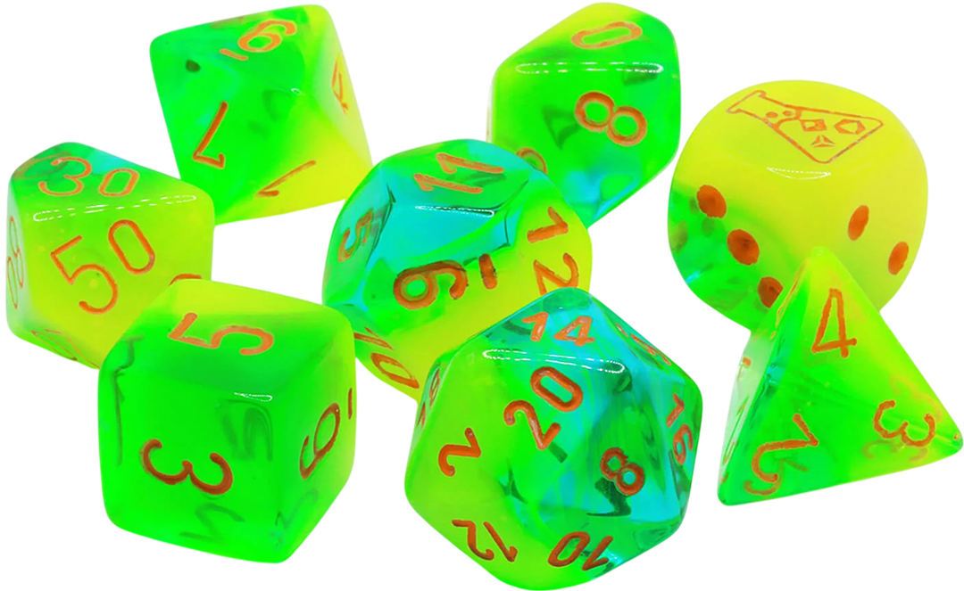 Chessex Die Rol Set Gemini (Plasma Green-Teal/Orange)2