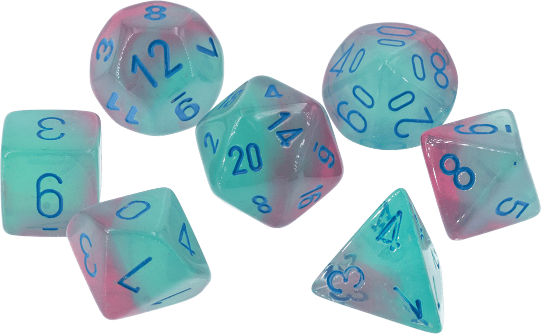 Chessex Die Rol Set Gemini (Gel Green-Pink/Blue)2
