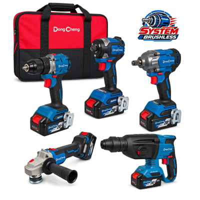 Combo Taladro Percutor + Amoladora + Atornillador de Impacto + Llave de Impacto + Rotomartillo DongCheng DCKIT52.02E1F1K 20V