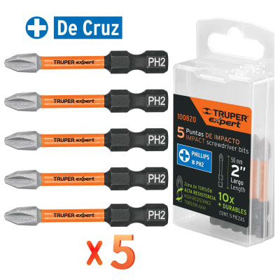 Juego 5 puntas de impacto para taladro atornillador, PhillipsPH2 x 2” --Truper