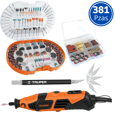 Kit mini taladro rectificadora  381 piezas, Truper