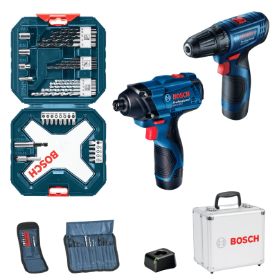 Combo Taladro Atornillador  inalámbrico GSR 120 +Impacto GDR 120 + Set Puntas y Brocas X-Line 34 pie