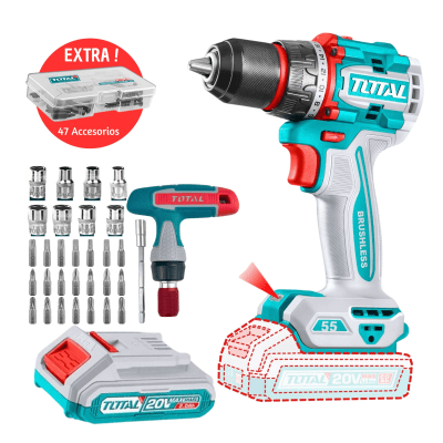 Kit Taladro Atornillador 20V + puntas y dados TOTAL