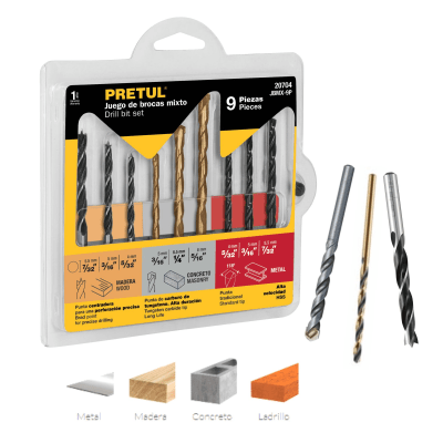 Juego de brocas para metal, concreto y madera 9 piezas pretul
