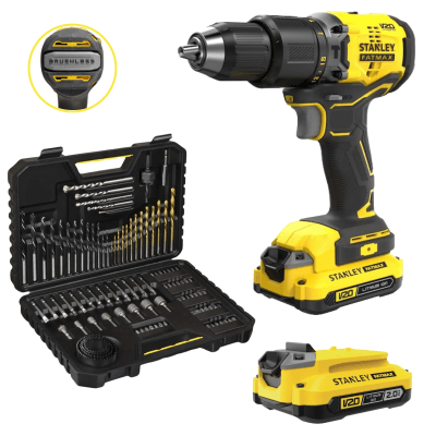 TALADRO PERCUTOR INALAMBRICO BRUSHLESS 20V SET 100 PUNTAS Y BROCAS STANLEY