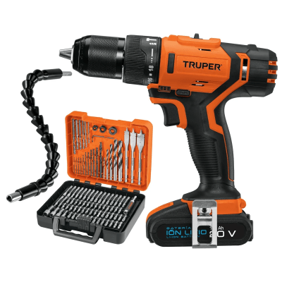 TALADRO PERCUTOR INALAMBRICO 20V, + SET 101 PIEZAS TRUPER