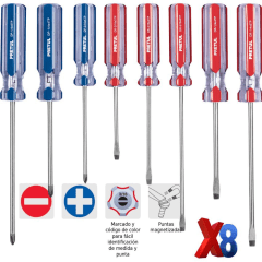 Juego desarmadores, 8 pz, mango pvc, pretul 0