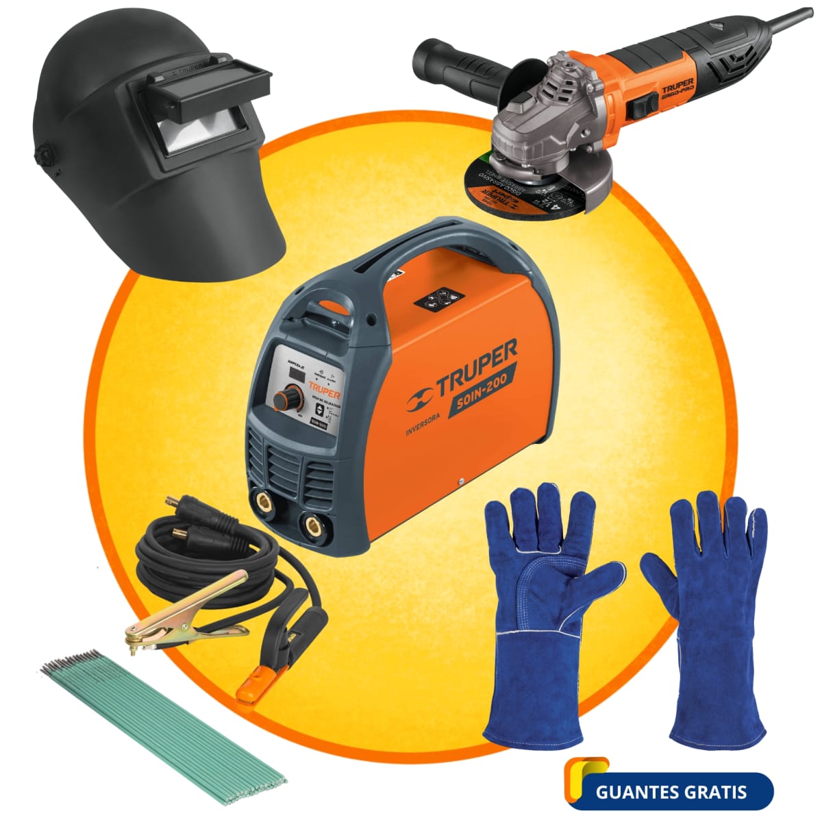 MEGACOMBO MAQUINA SOLDADOR 200A  AMOLADORA ERGOPRO 850W CARETA, GUANTE1