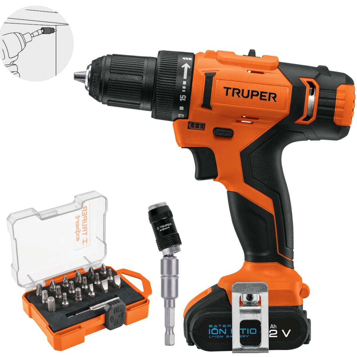 Combo taladro inalámbrico, puntillas 19 piezas, extensión articulada1