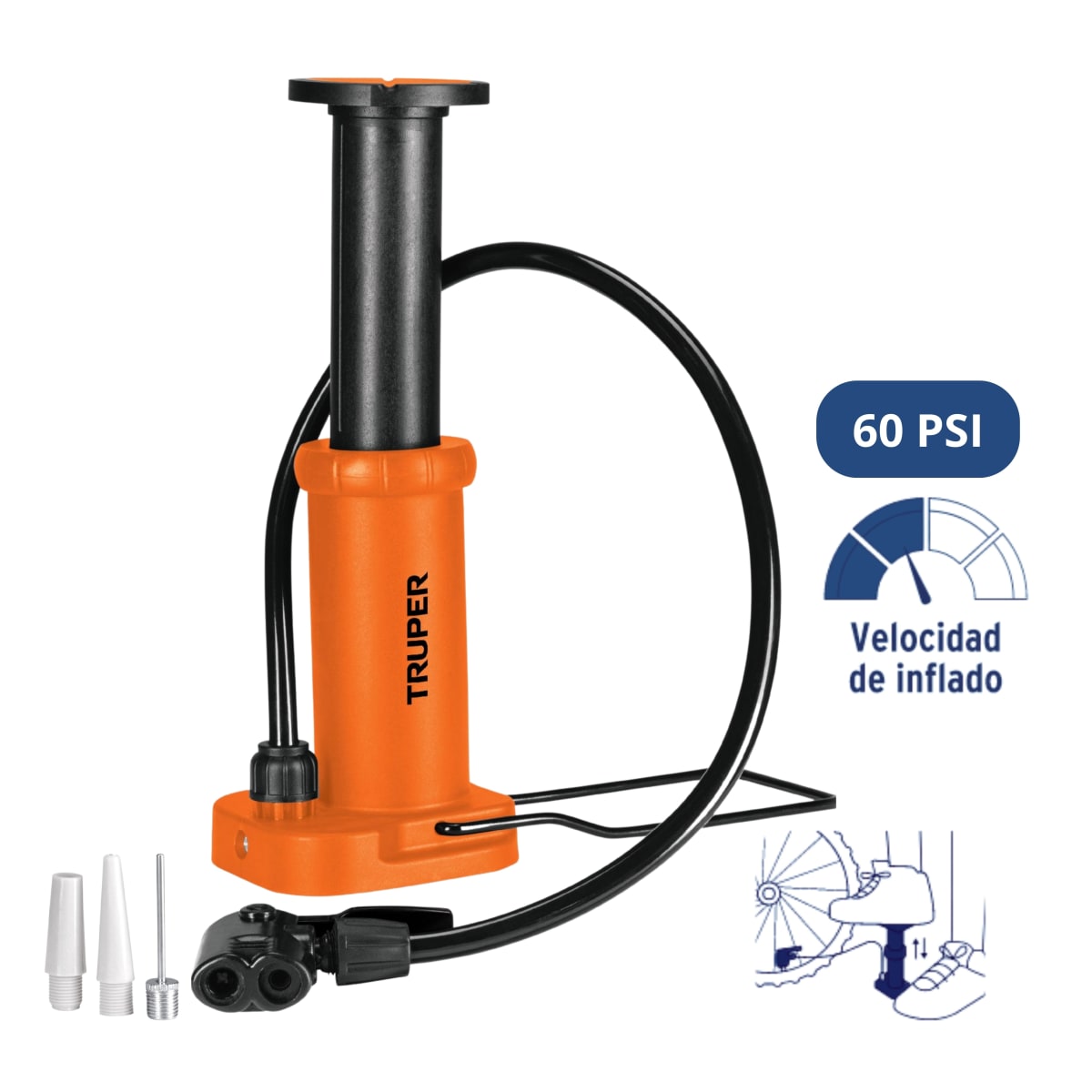 Inflador para bicicleta, pelotas, inflador de pedal de 60 psi - TRUPER1