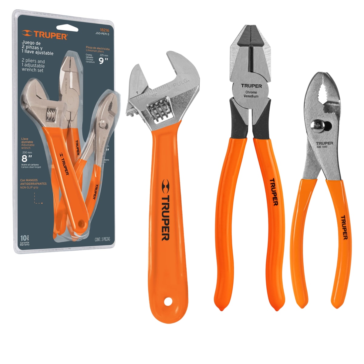 Juego de 2 Alicates pinza y 1 Llave francesa, Truper1