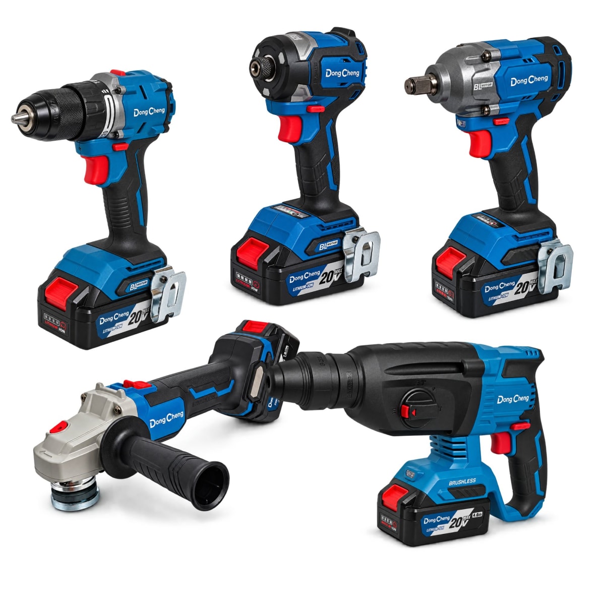 Combo Taladro Percutor + Amoladora + Atornillador de Impacto + Llave de Impacto + Rotomartillo DongCheng DCKIT52.02E1F1K 20V2