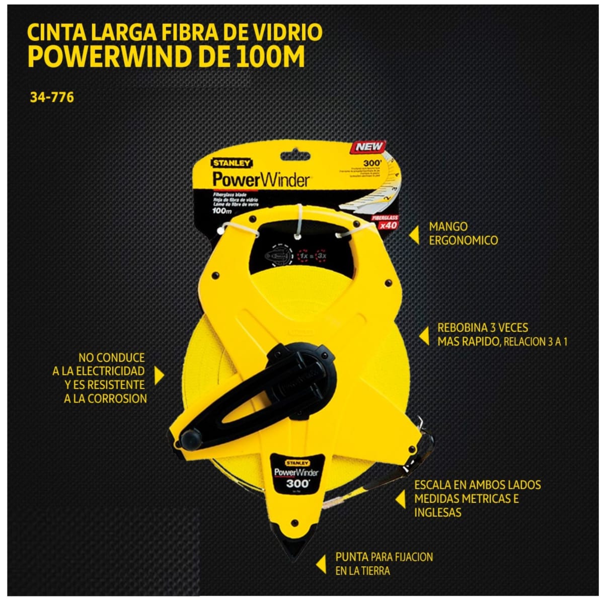 Cinta métrica 100m Wincha flexómetro fibra de vidrio POWERLOCK STANLEY2