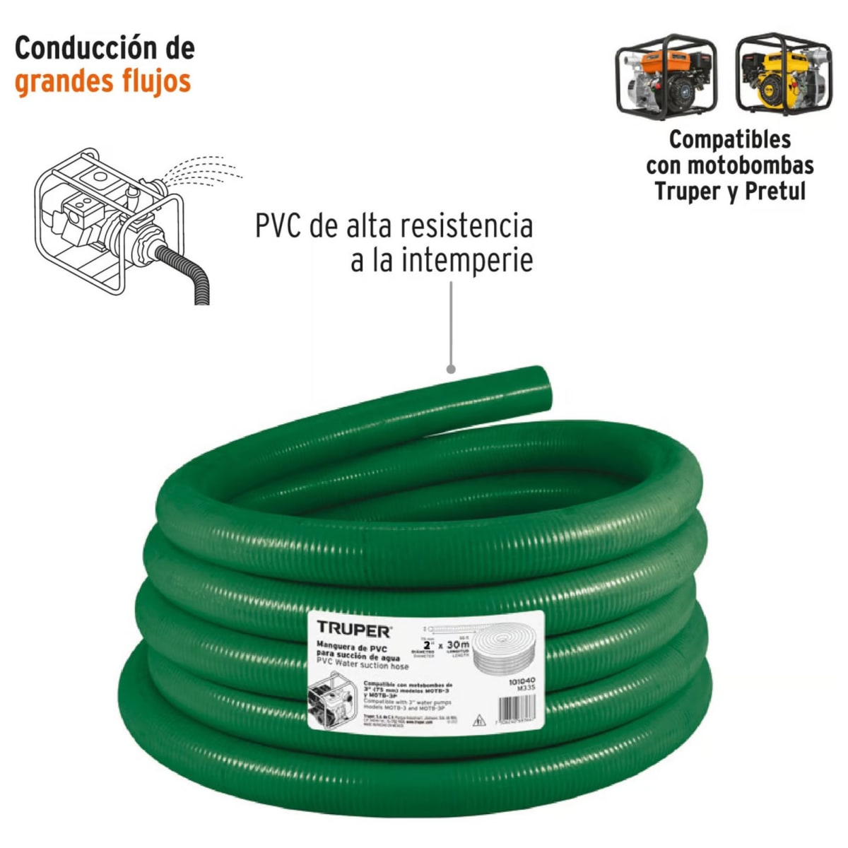 Manguera para motobomba, 2 pulgada, manguera de succion 30m2