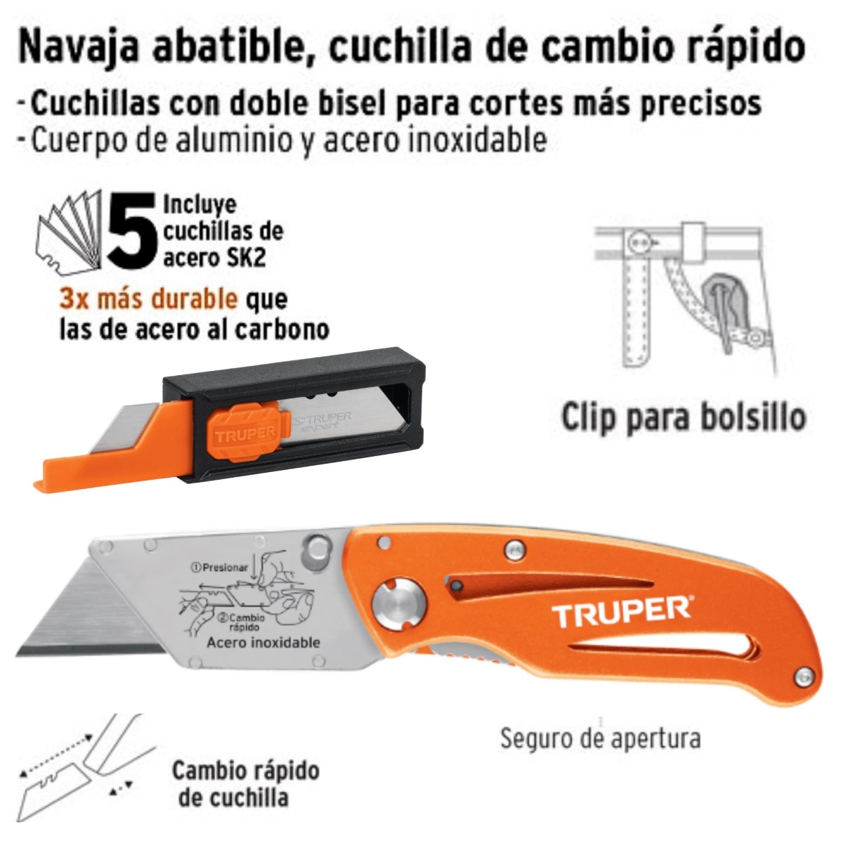 Navaja abatible profesional cuerpo acero inox y aluminio Truper Expert2