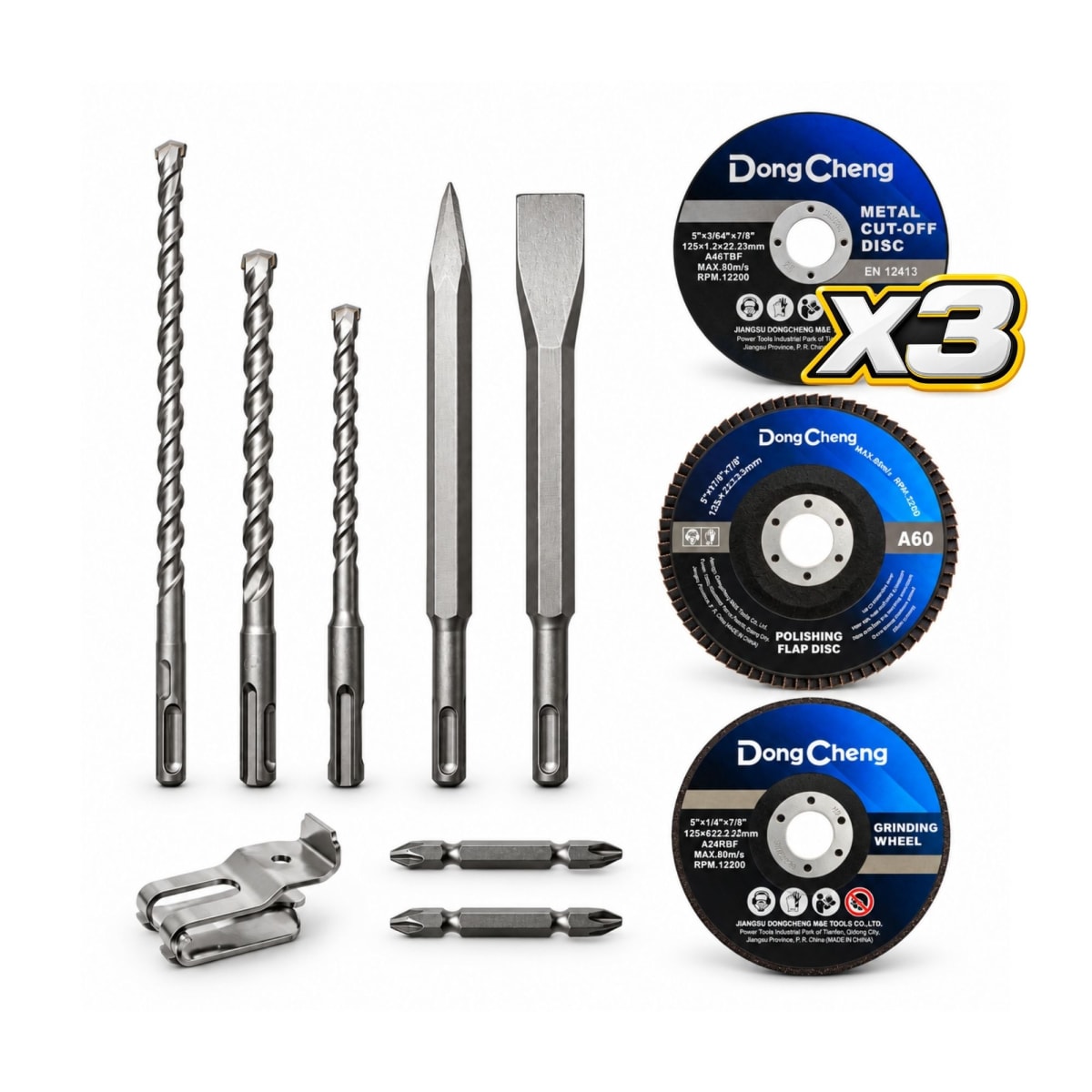 Combo Taladro Percutor + Amoladora + Atornillador de Impacto + Llave de Impacto + Rotomartillo DongCheng DCKIT52.02E1F1K 20V3