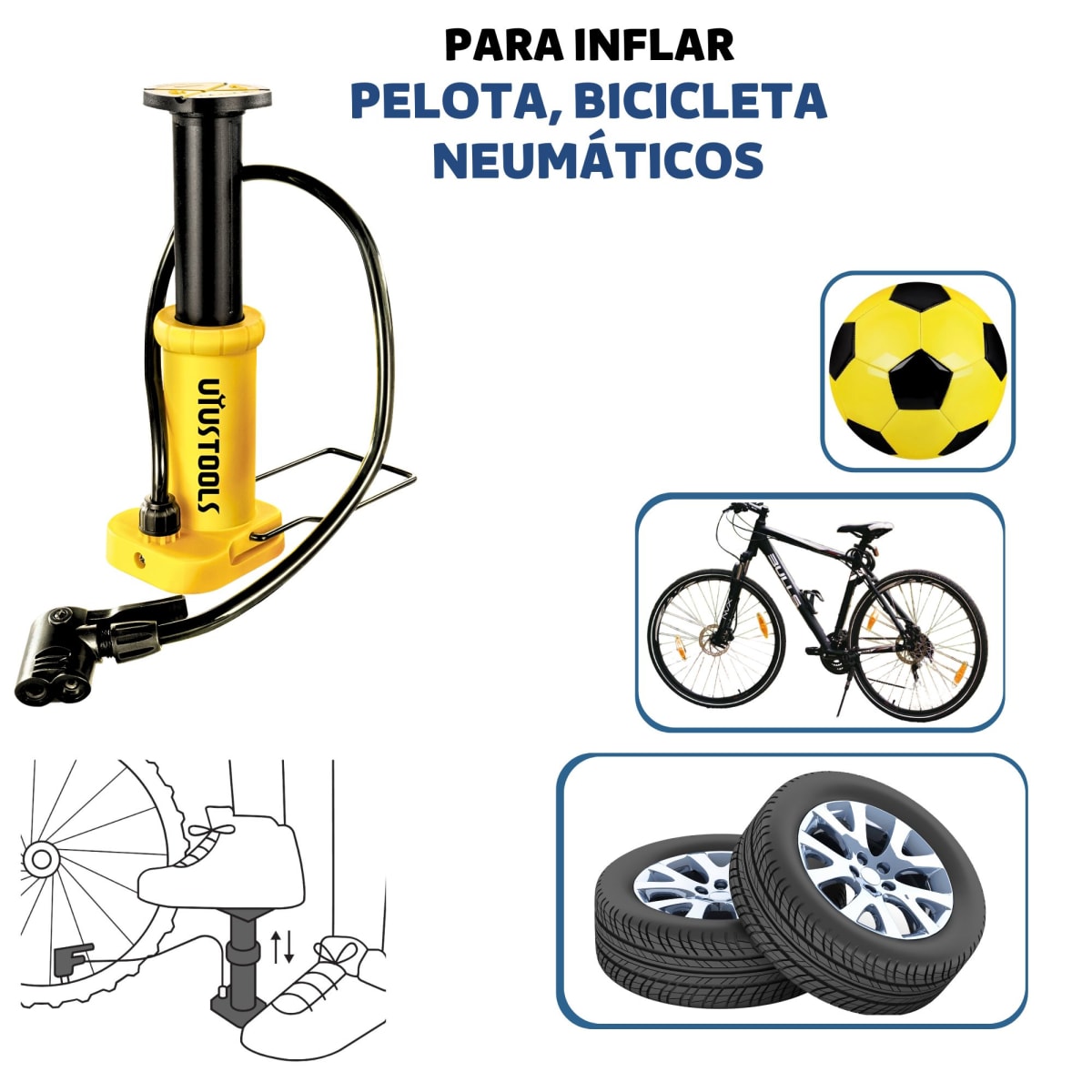 Inflador pedal para pelotas, bicicletas 100 PSI - UYUSTOOLS3