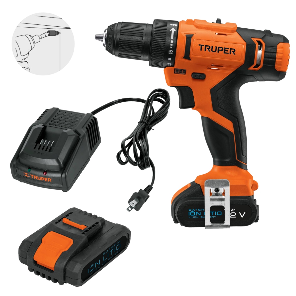 Combo taladro inalámbrico, puntillas 19 piezas, extensión articulada3