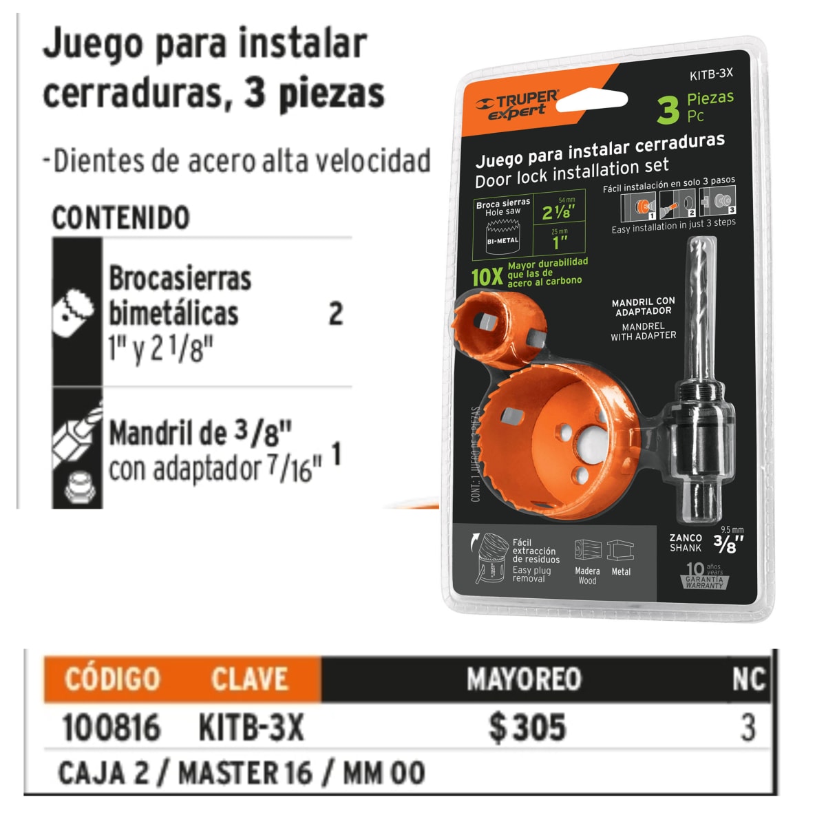 Juego brocas sierra para instalar cerraduras 3 piezas Truper3