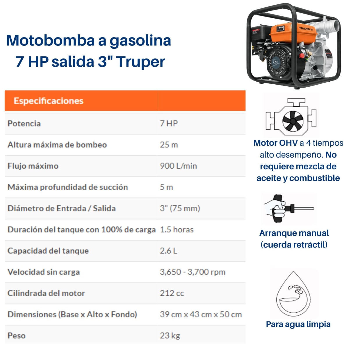 Motobomba autocebante a gasolina 7 HP salida 3