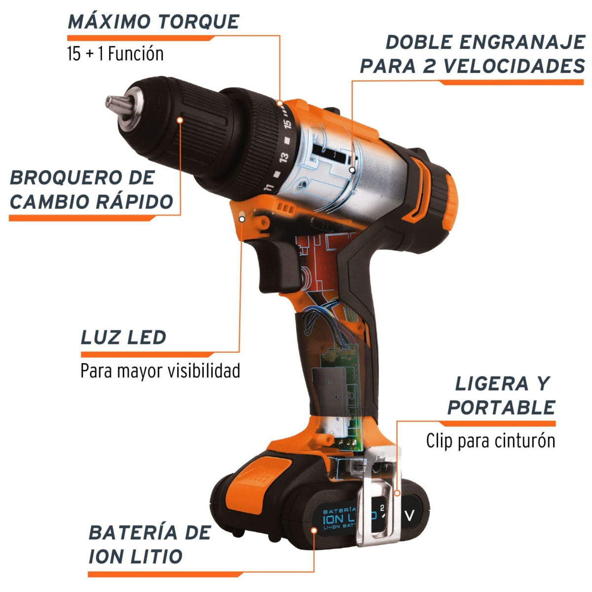 Combo taladro inalámbrico, puntillas 19 piezas, extensión articulada4