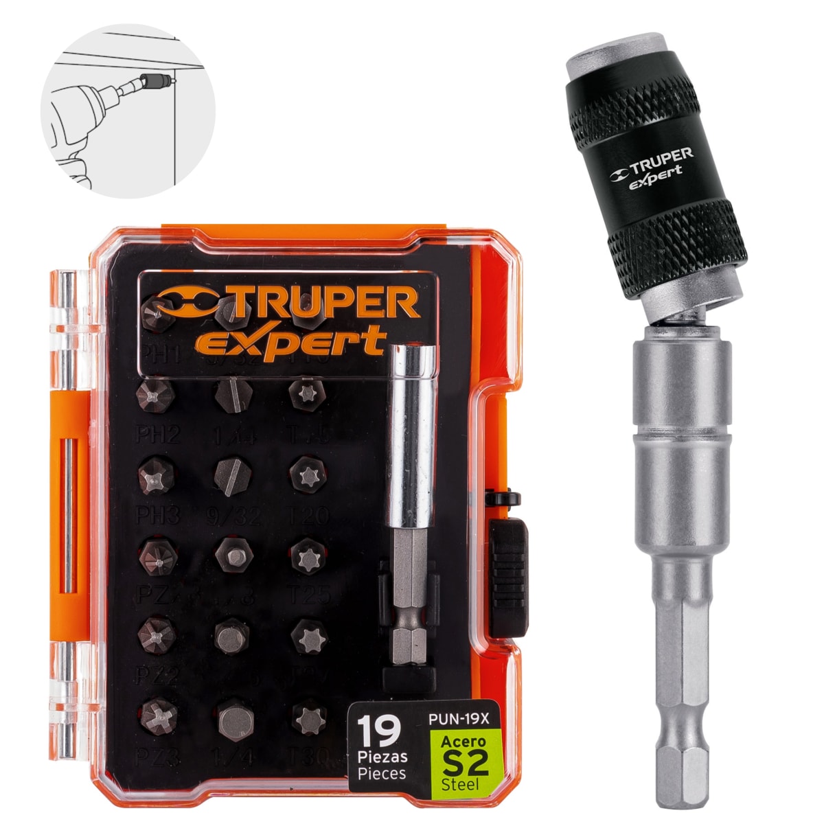 Combo taladro inalámbrico, puntillas 19 piezas, extensión articulada5