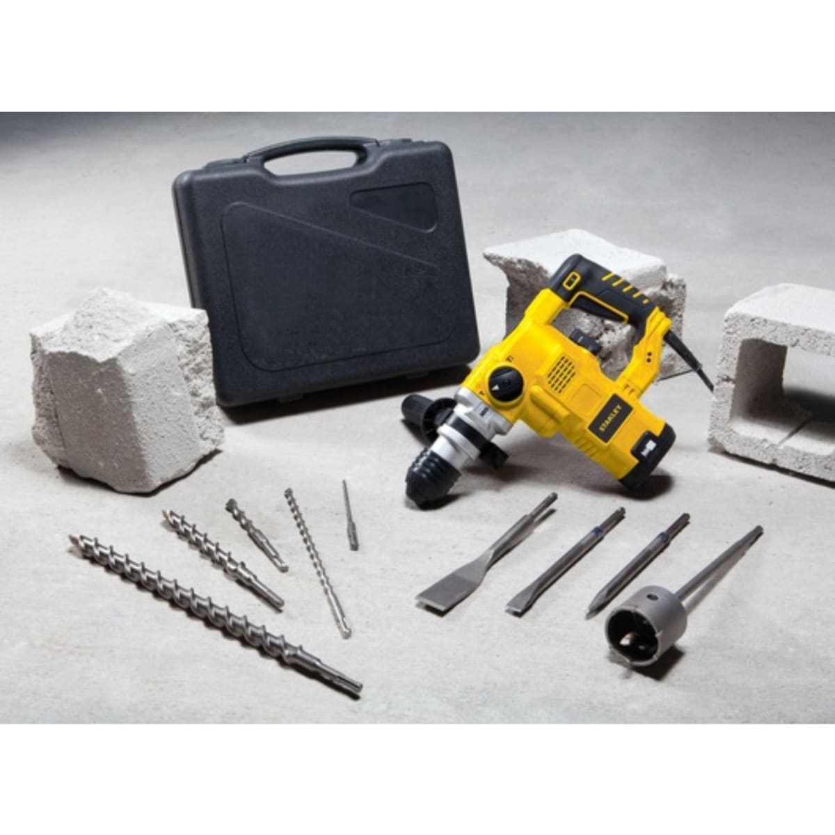 Rotomartillo SDS Plus Eléctrico 1250W Stanley maleta brocas  cinceles5