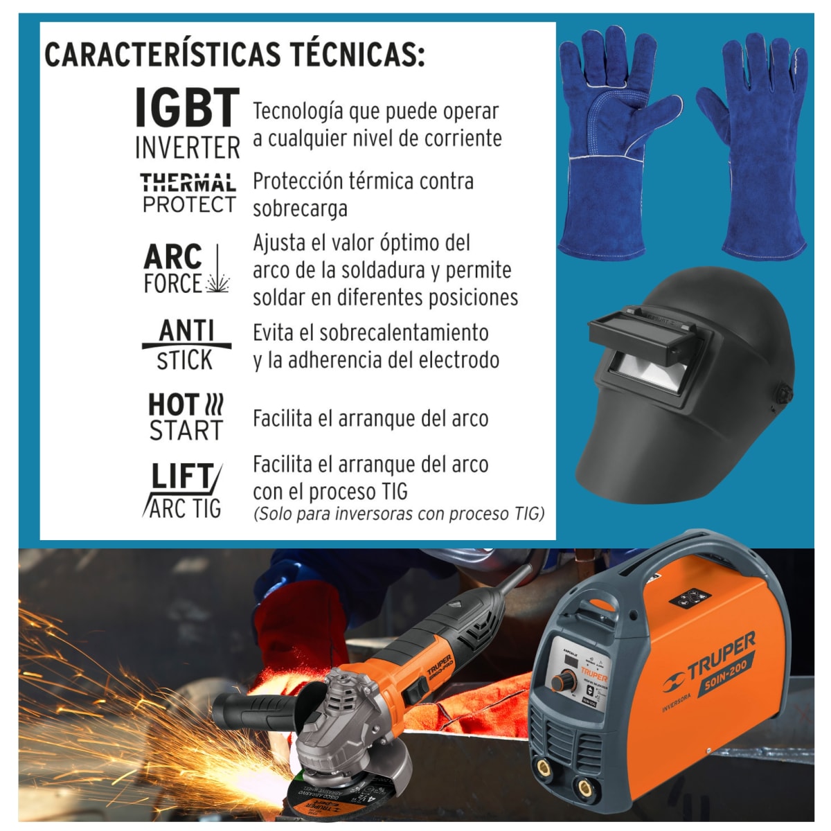 MEGACOMBO MAQUINA SOLDADOR 200A  AMOLADORA ERGOPRO 850W CARETA, GUANTE vers. 25