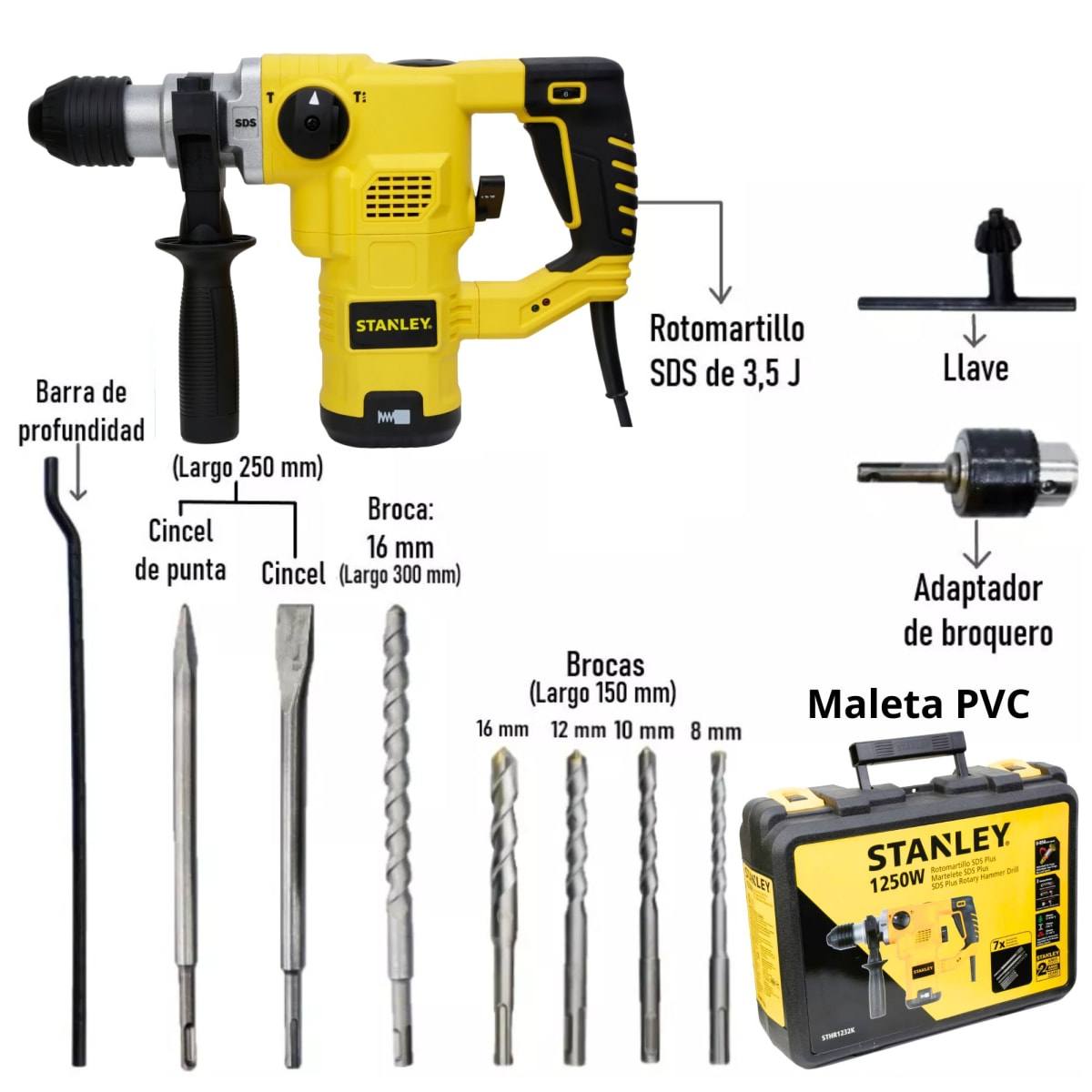 Rotomartillo SDS Plus Eléctrico 1250W Stanley maleta brocas  cinceles6