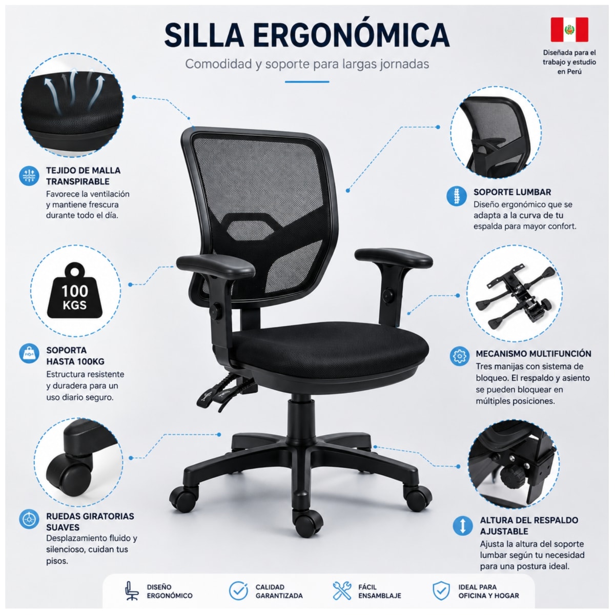 Silla Ergonómica de Oficina HC Dwight Negra con Respaldo de Malla y Brazos Ajustables8