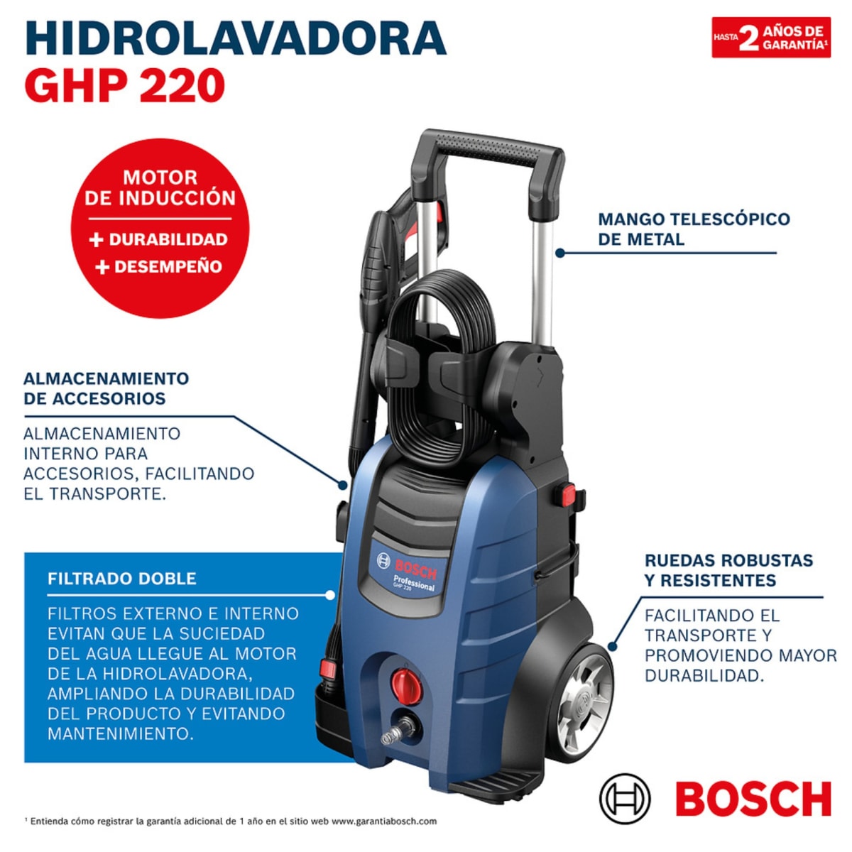 Hidrolavadora  Alta Presión 2200 PSI, potencia 2100W GHP 220 BoschHidrolavadora  Alta Presión 2200 P3