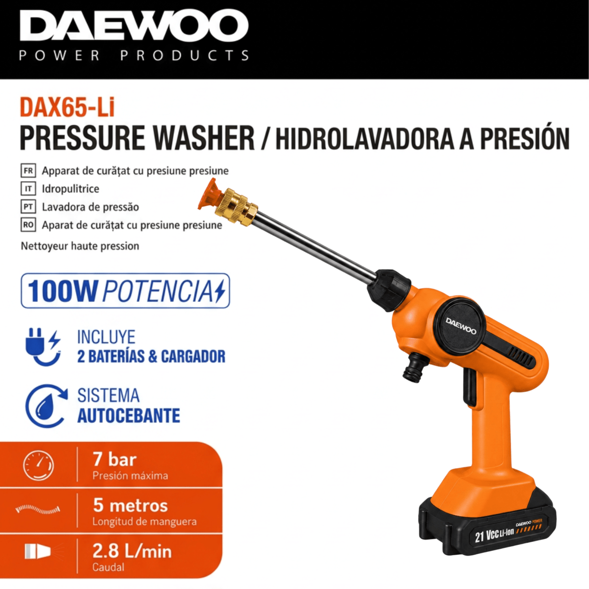 HIDROLAVADORA INALAMBRICA ALTA PRESION 2 BATERIAS DAEWOO8