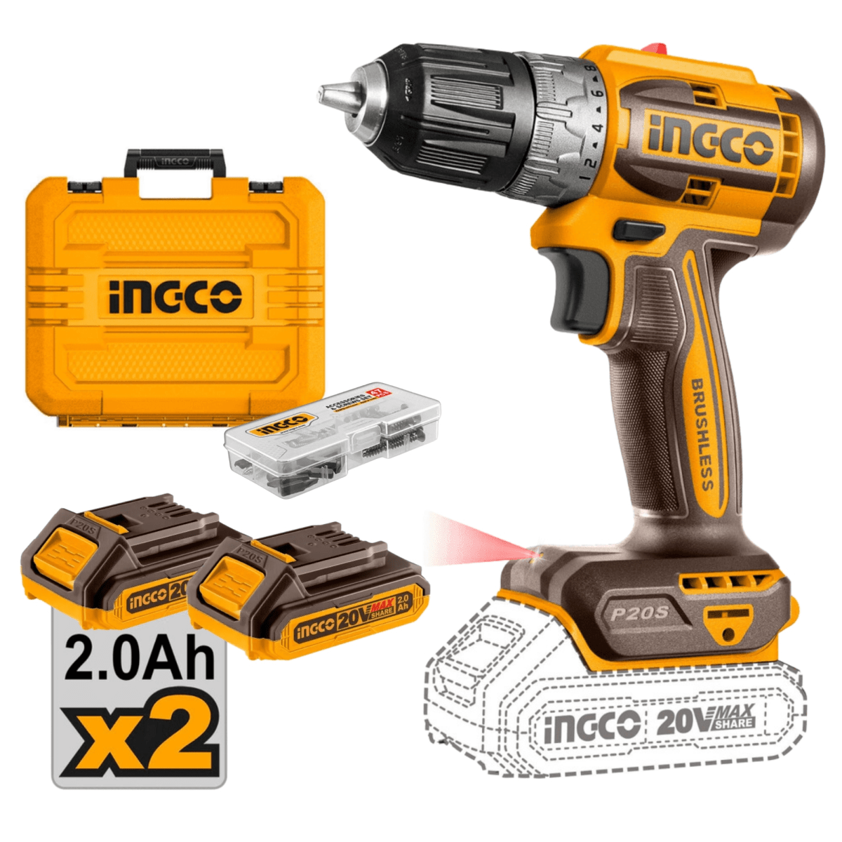 Taladro atornillador Inalambrico 52Nm INGCO 20V +2 baterías 2Ah +cargador +Maleta1
