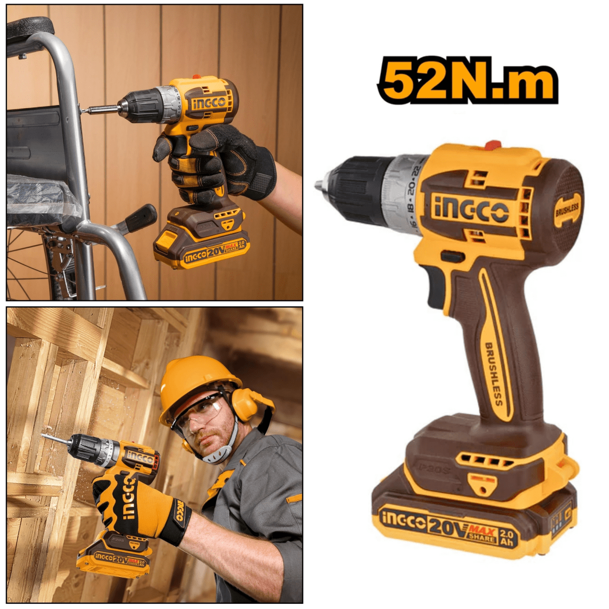 Taladro atornillador Inalambrico 52Nm INGCO 20V +2 baterías 2Ah +cargador +Maleta8