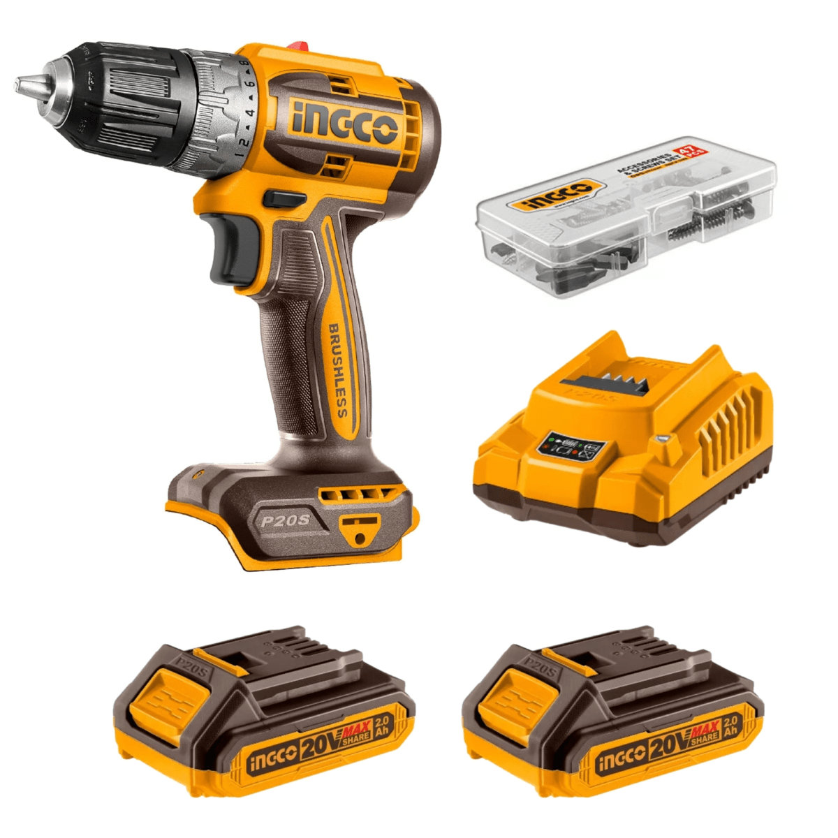 Taladro atornillador Inalambrico 52Nm INGCO 20V +2 baterías 2Ah +cargador +Maleta4