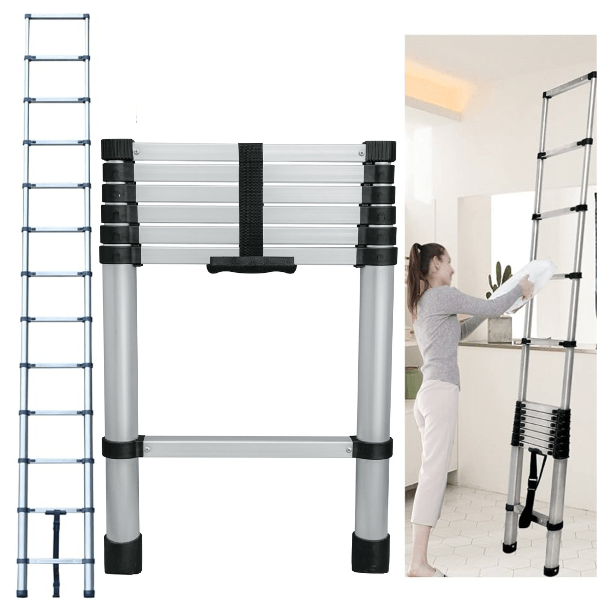 Escalera telescópica 7 peldaños extensión retráctil capacidad 102kg5