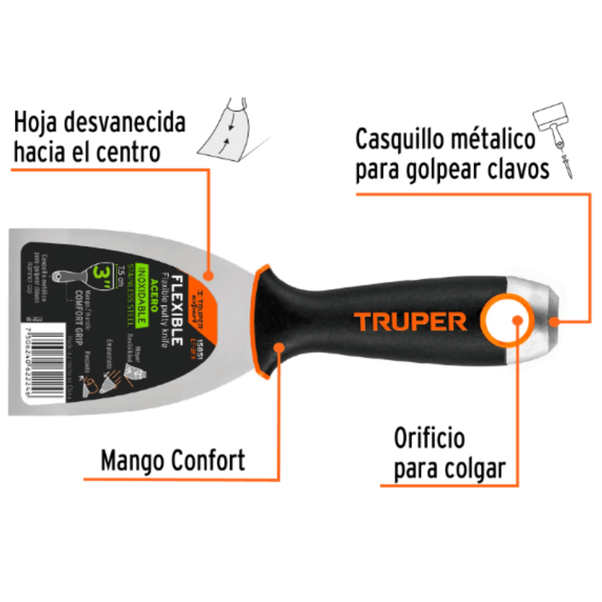Espátula 3 PULGADAS acero inox mango Comfort Grip TRUPER Expert2