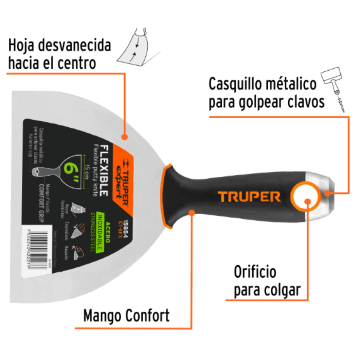 Espátula masillador 6 pulgadas acero inox mango Comfort Grip, Expert2
