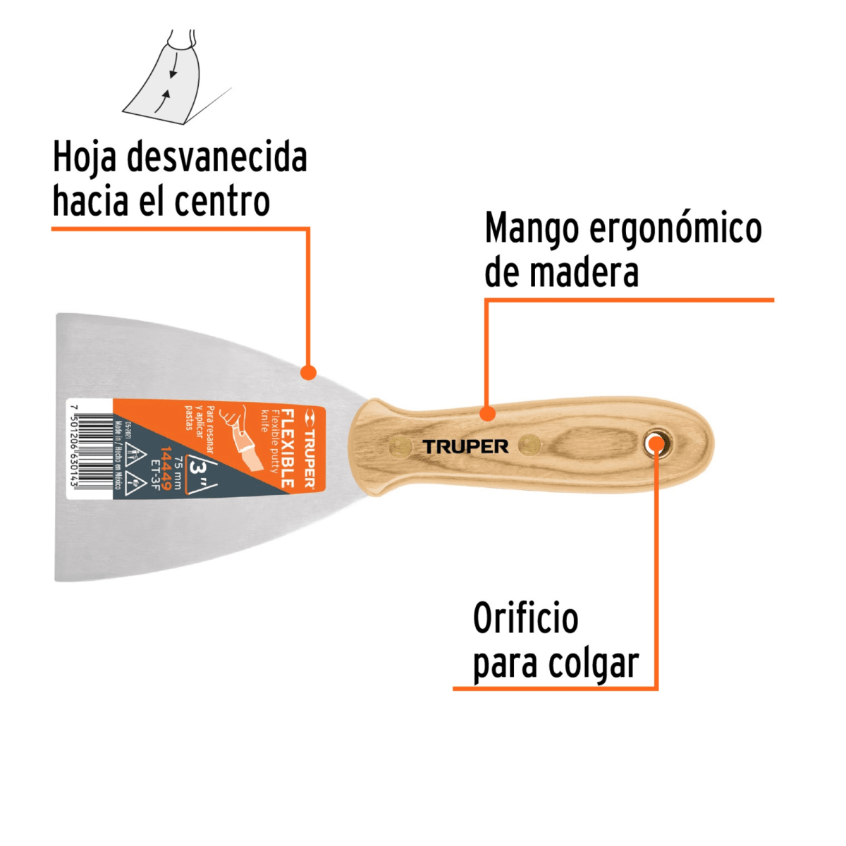 Espátula flexible Truper 3pulg mango de madera2