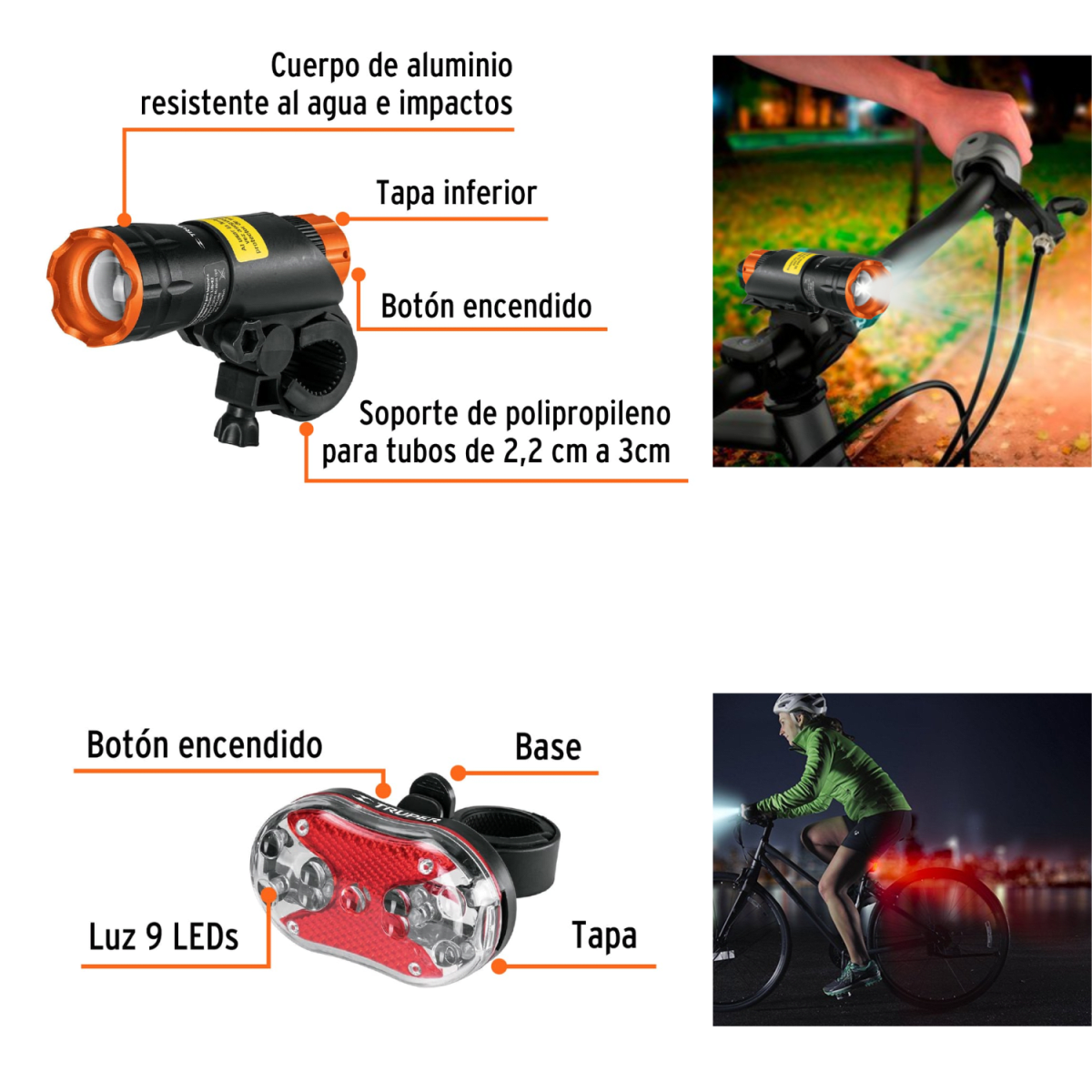 Linterna Luces para Bicicleta Delantera y Trasera Truper2