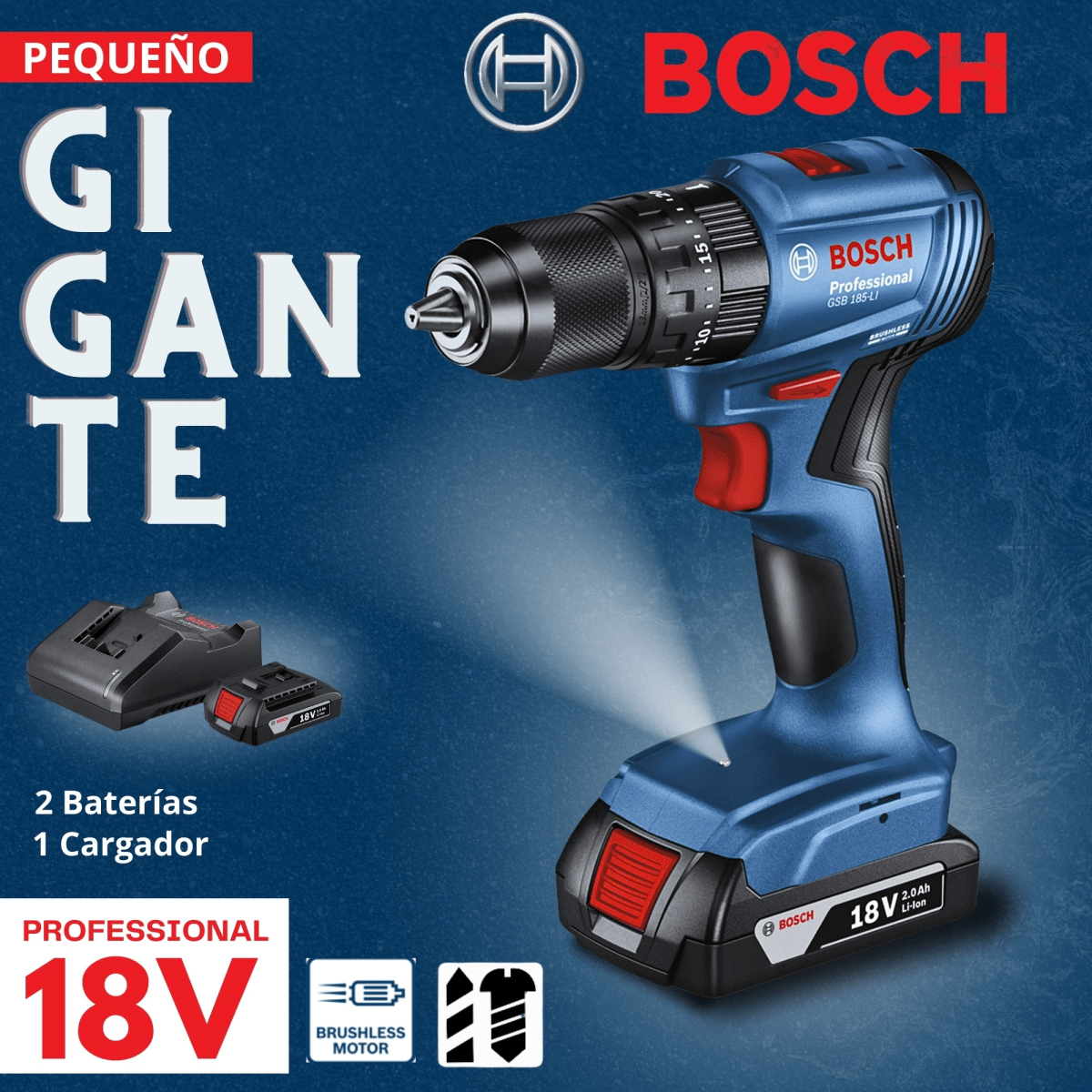 Taladro Atornillador Percutor 18V GSB 185-LI +2 Baterías +23accesorios + Maletín2