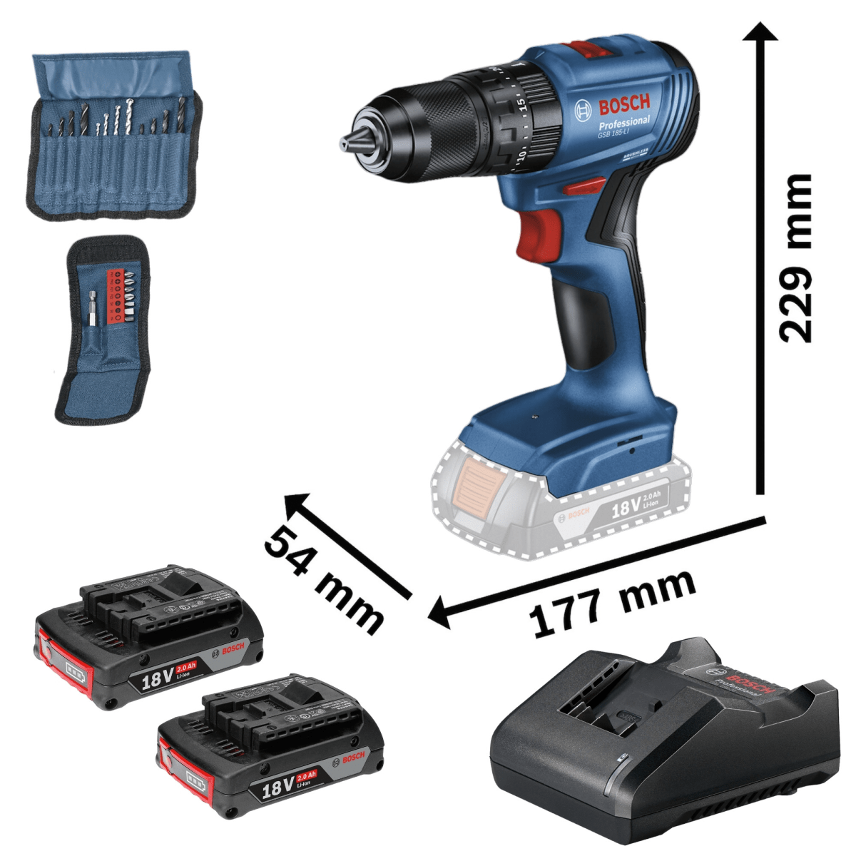 Taladro Atornillador Percutor 18V GSB 185-LI +2 Baterías +23accesorios + Maletín5